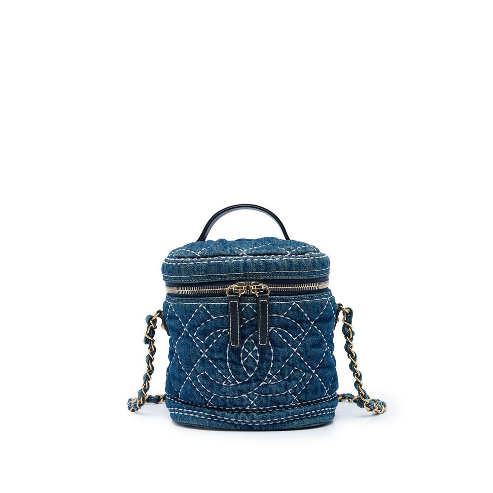 Pre-Loved Chanel CC Quilted Denim Trip Vanity Case with Chain